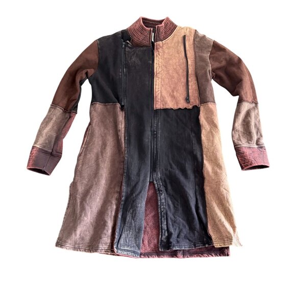 Avatar Boho Patchwork Zip Front Asymmetrical Jacket Women's Hippie Brown Black - Picture 2 of 12